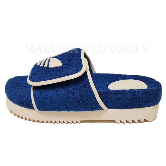 GUCCI MENS SHOES ADIDAS X GG BLUE COTTON SPONGE PLATFORM SANDAL SLIDE sz 9 9.5 - Picture 7 of 16